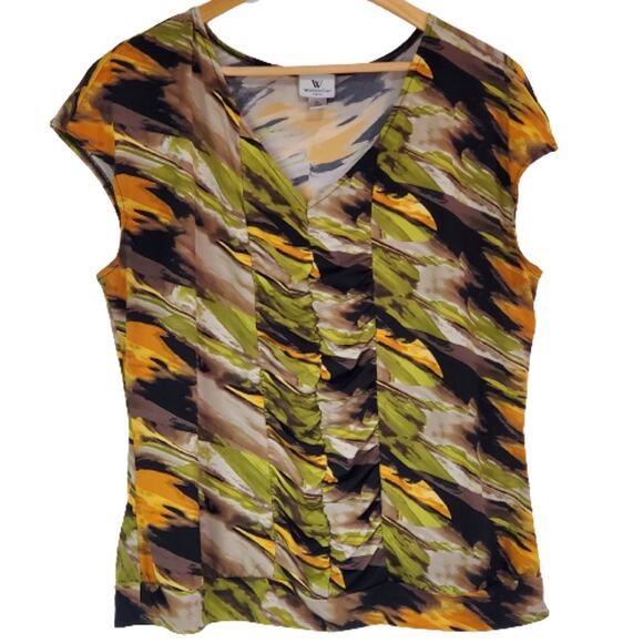 Worthington Stretch V Neck Ruched Front Abstract Cap Sleeve Top XL - Picture 1 of 5